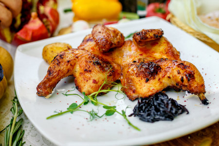 fried chicken grilled with onion and hot pepper on a decorated table