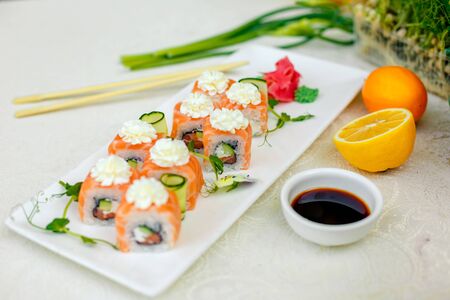 Sushi Philadelphia with soy sauce and chopsticksの写真素材