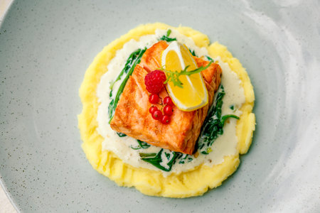 fried fish with mashed potatoes and cream sauce