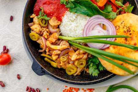 fried chicken with rice and pepper