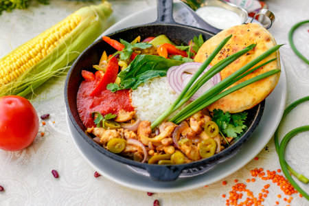 fried chicken with rice and pepper