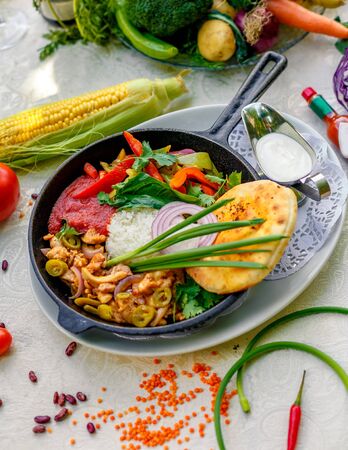 fried chicken with rice and pepperの写真素材