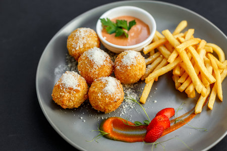 cheese balls with french fries and sauce
