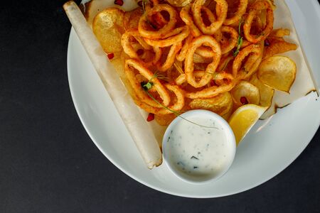 onion rings with chips and sauceの写真素材