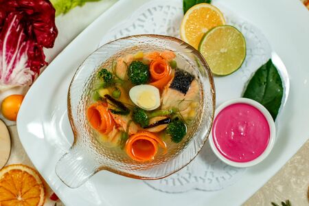 Russian dish aspic with sauce served on the tableの写真素材