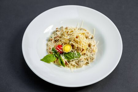 macaroni with mushrooms and cheese, with quail egg and tomato in cream sauce, isolatedの写真素材