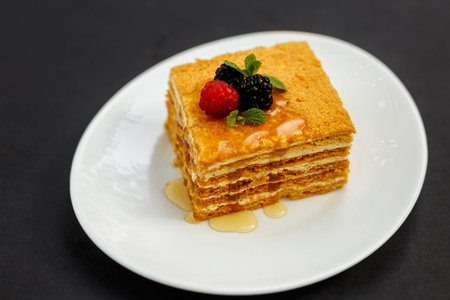 a slice of honey cake with berries, sweet dessert