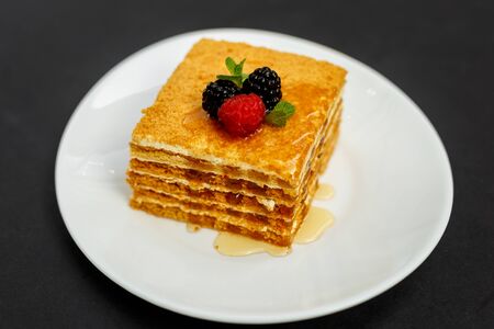 a slice of honey cake with berries, sweet dessertの写真素材