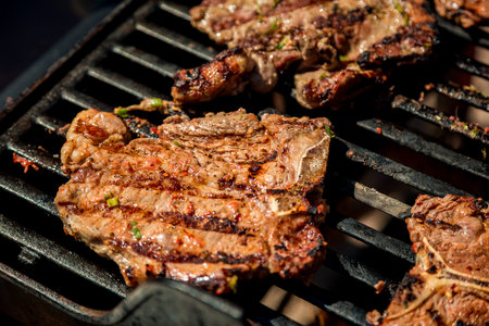 cooking grilled steaksの写真素材