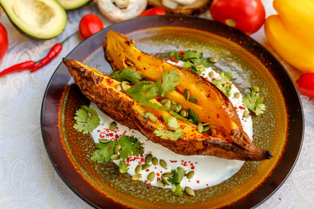 Baked Zucchini with greens and vegetables, healthy food on a decorated tableの写真素材