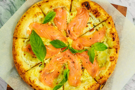 Italian pizza with mozzarella and basilの写真素材