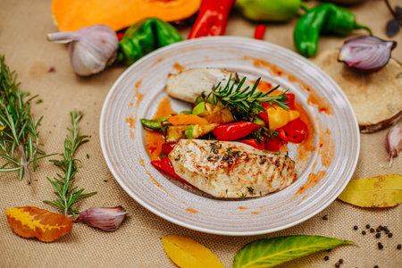 Autumn table setting with pumpkins. Thanksgiving dinner.grilled chicken breast with vegetablesの写真素材