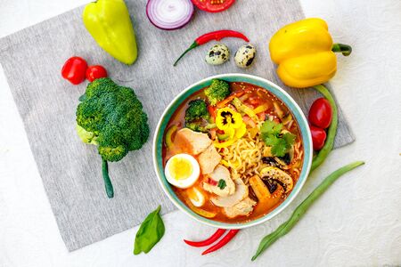 ramen noodles with korean noodles served on the tableの写真素材