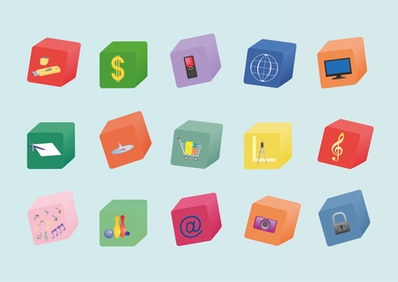 set of different icons on the coloured blocksのイラスト素材