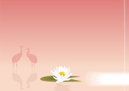 Lonely flower and two herons in the middle of lake のイラスト素材