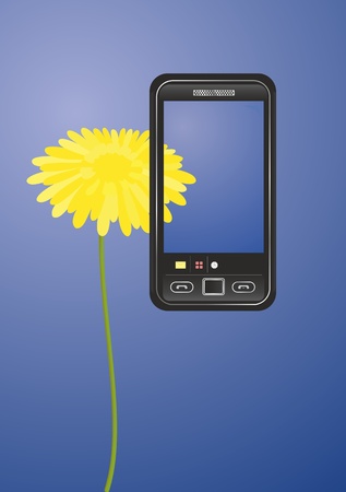 Yellow flower on the blue screen of a mobile phone   のイラスト素材