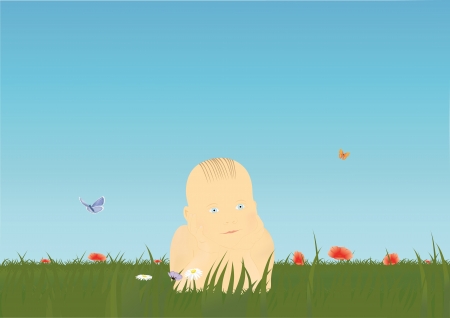 The little boy lies on a green fieldのイラスト素材