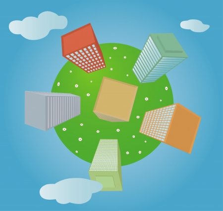 Green planet with multi-storey buildings and flowersのイラスト素材
