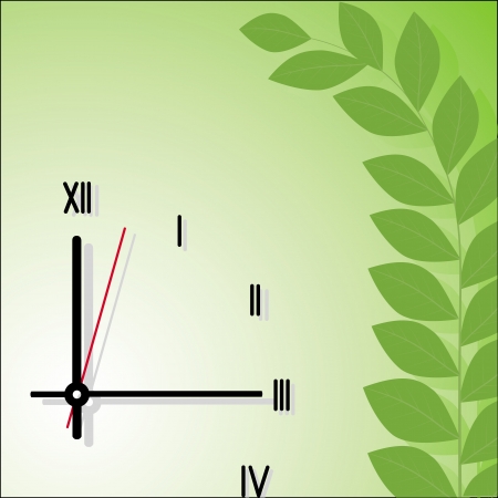clock and branch with leaves on a green backgroundのイラスト素材