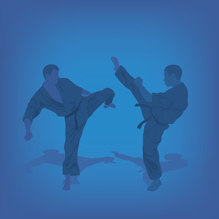 Two men are engaged in karate on a blue background.のイラスト素材