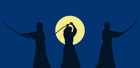 Three men show aikido against a dark background.のイラスト素材