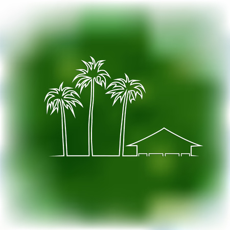 Palms and bungalow on a green background.のイラスト素材