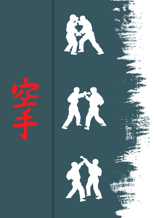 Hieroglyph of karate and men demonstrating karate.のイラスト素材