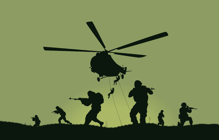 Illustration, the soldiers going to attack and helicopters.のイラスト素材