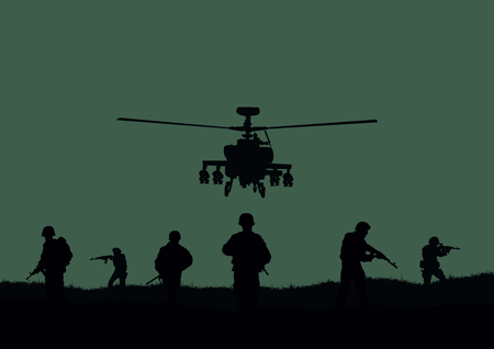 Illustration, the soldiers going to attack and helicopters.のイラスト素材