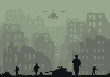 Illustration of the ruined city, exploded tanks, helicopters and soldiers.のイラスト素材