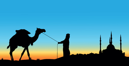 Illustration, a mosque and a drover with a camel.のイラスト素材