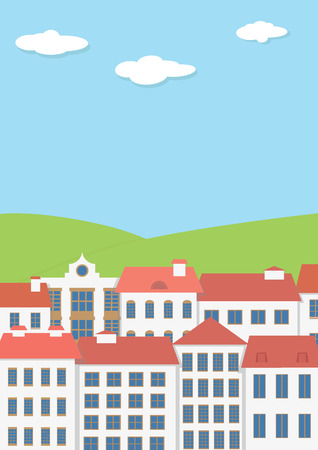 Illustration, urban home and green fieldのイラスト素材