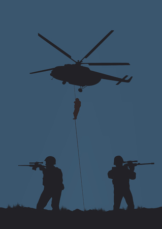 Illustration, the soldiers going to attack and helicopters.のイラスト素材