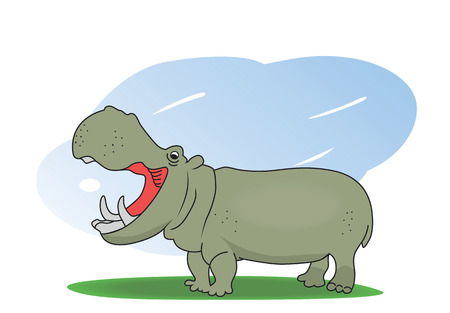 Illustration of a hippopotamus on a green field.のイラスト素材