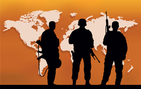 Three soldiers and a map of the worldのイラスト素材