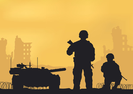 Illustration of tank, ruined city and soldiers.のイラスト素材