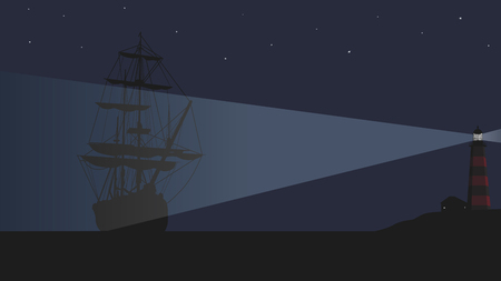 A lighthouse and a large sailing ship.のイラスト素材