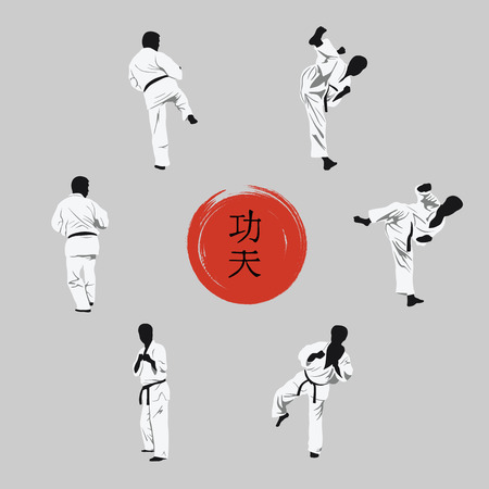 A group of men showing Kung Fu and a hieroglyph on a red background.のイラスト素材