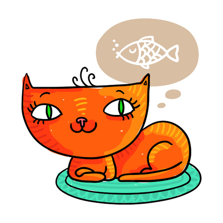 Illustration of a cute red cat dreaming of a fish, isolated on whiteのイラスト素材