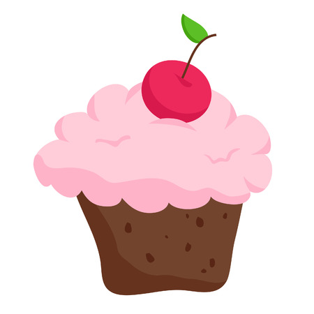 Illustration of a chocolate cupcake with a cherry, isolated on whiteのイラスト素材