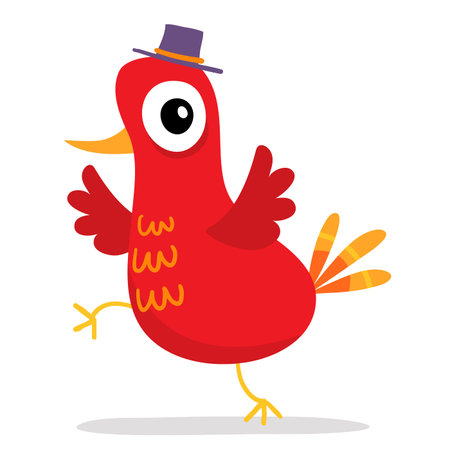 Illustration of funny red bird in hat in cartoon style, isolated on whiteのイラスト素材