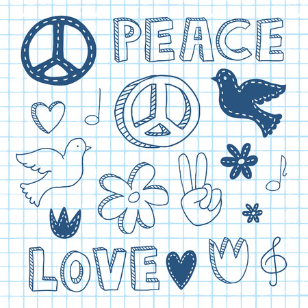 Thematic peace doodle set with on notebook paperのイラスト素材