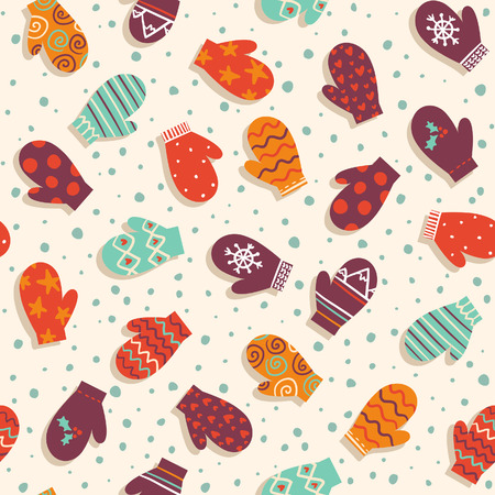 Cute seamless pattern with colorful mittens and snowのイラスト素材