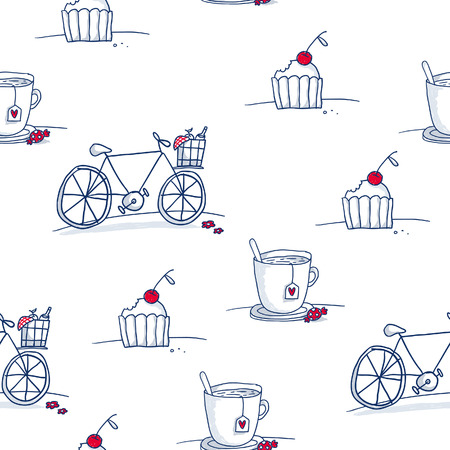 Cute seamless pattern with doodle cakes, cups and bicyclesのイラスト素材