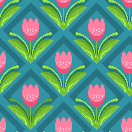 Vintage seamless pattern with pink tulips on blue geometric backgroundのイラスト素材