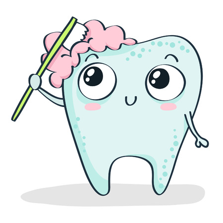 Cute cartoon tooth brushing itself isolated on whiteのイラスト素材