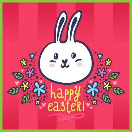 Unusual Easter card with a cute bunny and flowersのイラスト素材