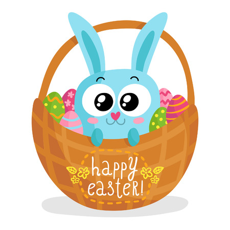Easter greeting card with a bunny in a basketのイラスト素材