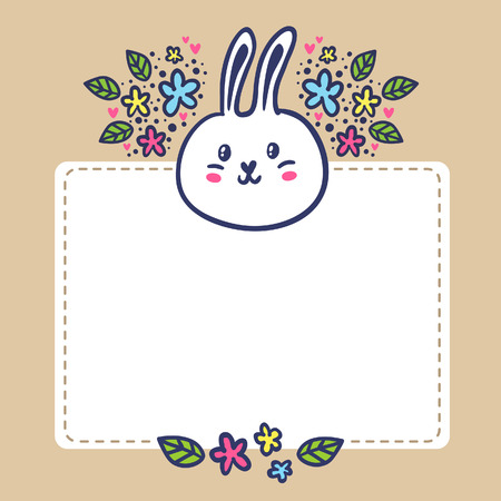 Cute card background with rabbit, flowers and space for textのイラスト素材