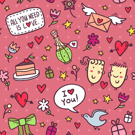 Cute seamless pattern with hearts flowers bows stars gifts envelopes and other romantic elementsのイラスト素材